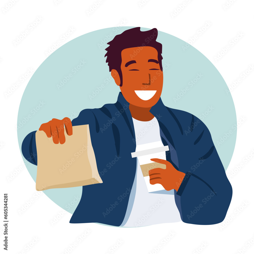 Happy man holding take away food paper bag and coffee mug, on the go concept. Happy man holding take away food paper bag and coffee mug, on the go concept.