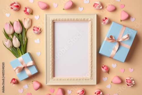 Mother's Day concept. vertical photo of photo frame pink tulips blue gift boxes with ribbon bows and heart shaped saucer with sprinkles on isolated pastel beige background with empty, Generative AI