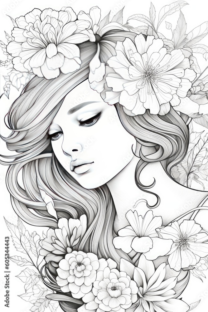 Outline pencil drawing, a girl with a flower wreath on his head, coloring page, cartoon digital illustration Outline pencil drawing, a girl with a flower wreath on his head, coloring page, cartoon digital illustration