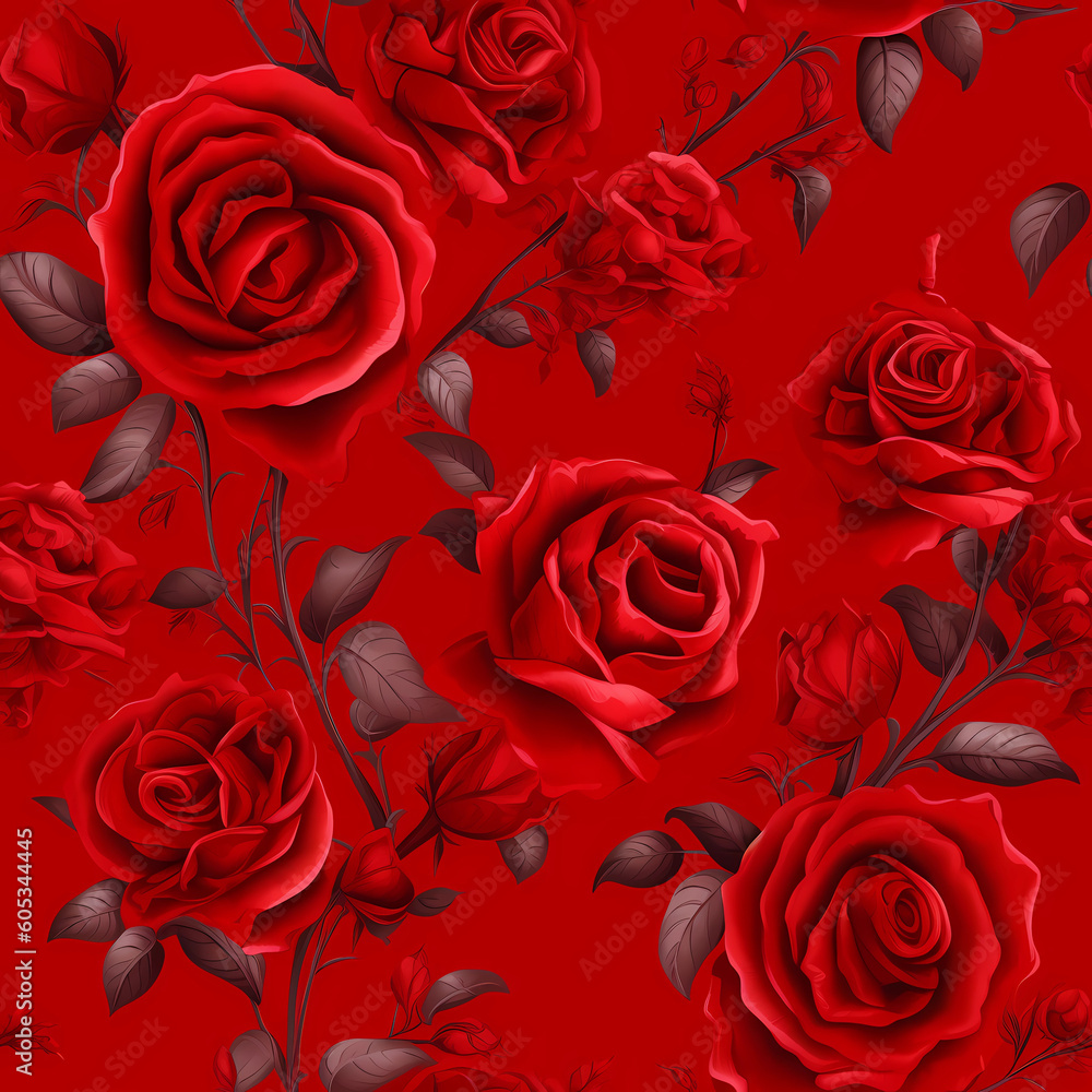Naklejka premium Red Roses Background Seamless Pattern for Wallpaper, Decorations, Romantic Occasions, Generative AI