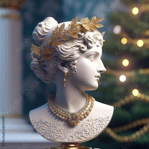 Plaster antique head with jewelry on the background of a Christmas tree with lights. Gift for new year and christmas. Generative AI