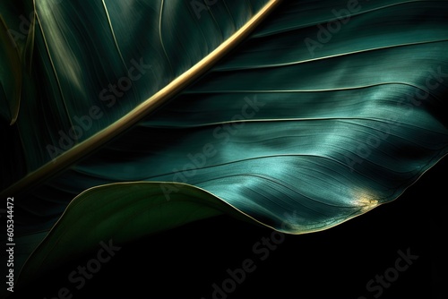 a close-up of a leaf that is green, while the backdrop is black. Generative AI photo