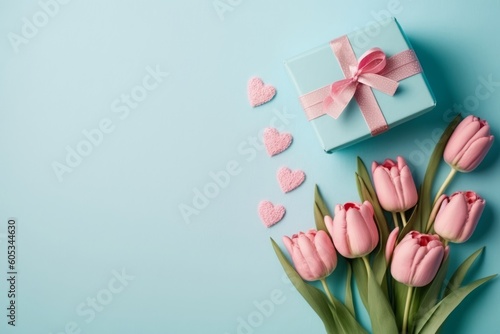 Mother's Day decorations concept. Top view photo of bunch of pink tulips small blue giftbox with ribbon bow and heart shaped sprinkles on isolated pastel blue background with, Generative AI © Pooja