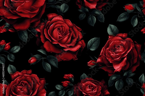 Red Roses Seamless Pattern on the Black Background for Wallpaper, Decoration, Wrapping Paper, Romantic Occasions Generative AI