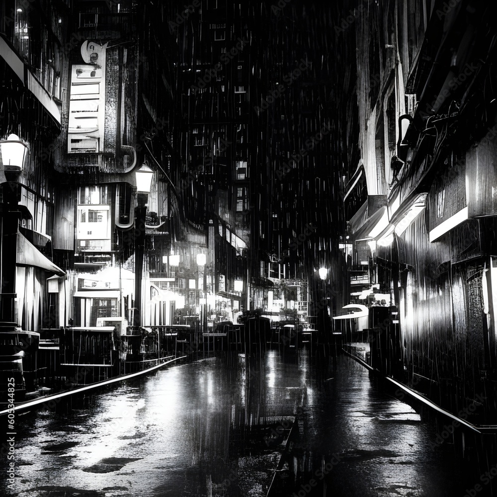 black and white photorealistic image of night in the city