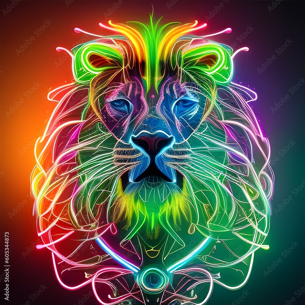 portrait of a neon lion in the night. 