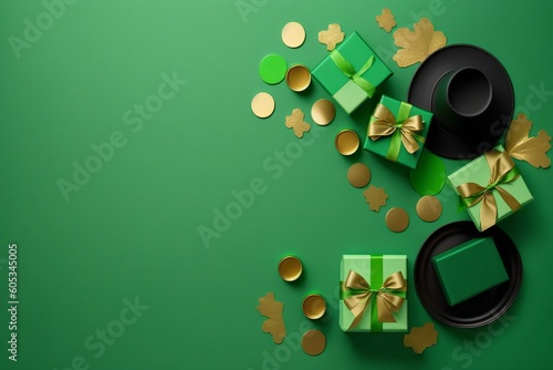 Saint Patrick's Day concept. Top view photo of leprechaun cap present boxes pot with gold coins bow-tie shamrocks and confetti on isolated green background with blank, Generative AI