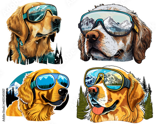Golden retriever in ski googles, funny dog, sticker style, pack of 4, regenerative AI 
