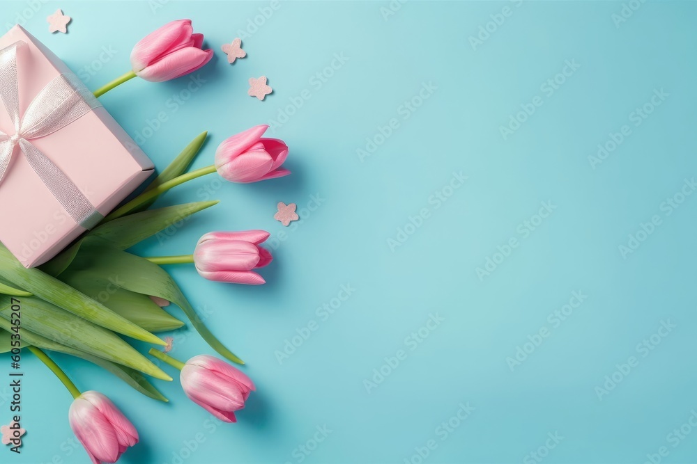 Mother's Day decorations concept. Top view photo of bunch of pink tulips small blue giftbox with ribbon bow and heart shaped sprinkles on isolated pastel blue background with, Generative AI Mother's Day decorations concept. Top view photo of bunch of pink tulips small blue giftbox with ribbon bow and heart shaped sprinkles on isolated pastel blue background with, Generative AI