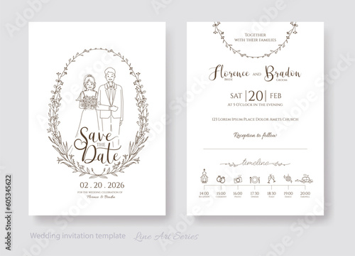 Wedding Invitation, save the date card template and wedding ceremony timeline icon. Happy bride and groom. line art style 