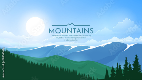 Panoramic mountain landscape. Mountain peaks with snow, green slopes and dense forest. Sunny day, blue sky. Mountain tourism and hiking. Design background, postcard, banner. Vector illustration.
