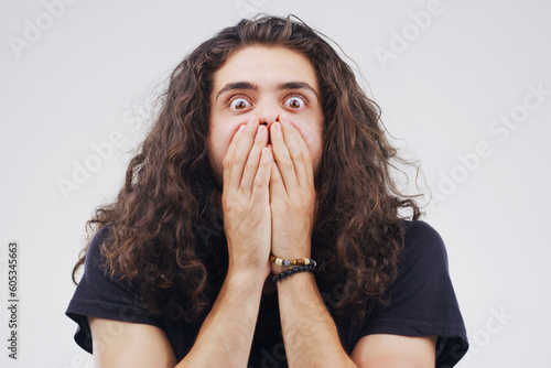 Portrait, wow and man with surprise, mockup and guy on a white studio background with gossip. Face, male person and model with shock, omg expression with opportunity, emoji and confident with deal