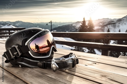 Ski Helmet and Photo Equipment on Wooden Table, Mountain Resort with Stunning View. AI