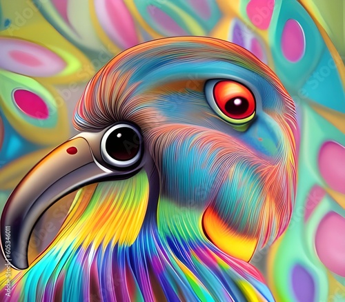 portrait of a fantasy bird, with colourful feathers and beak, photorealistic style photo