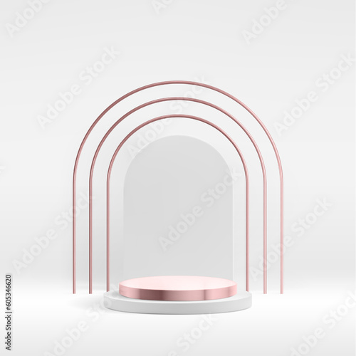 Pink gold product podium background with three thin metallic and white arch. Premium abstract vector presentation template.