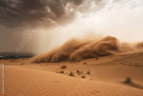 Breathtaking sight of a vast sand dune, sculpted by the wind and sun, as far as the eye can see. Its barren and harsh surroundings, yet teeming with life and wonder. AI Generative.