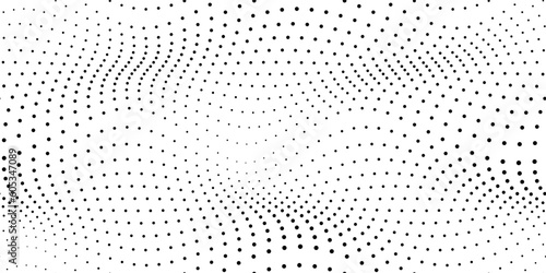 Polka dots halftone wavy seamless pattern. Abstract graphic vector background with poka circles. Wallpaper with monochrome particles. Modern simple geometric pop art backdrop. Optical illusion