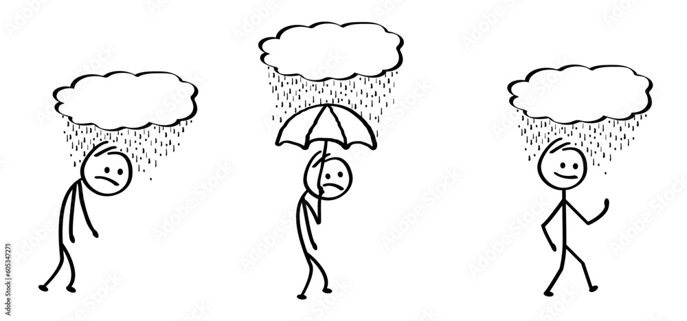 Cartoon stickman stick figure man walking in the rain, storm or fair ...