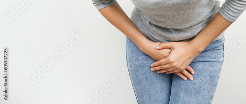 Woman having a stomachache, or menstruation pain. suffering from abdominal. Menstrual cramps. Healthcare and medical, gynecology concept.
