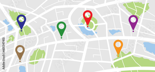 Cartoon map with pin pointers icon. Navigation or navigator, maps, road, direction arrow. Pins points mark. Pointer or point trekking route. track en trace city, street map. Markers, map locator idea.