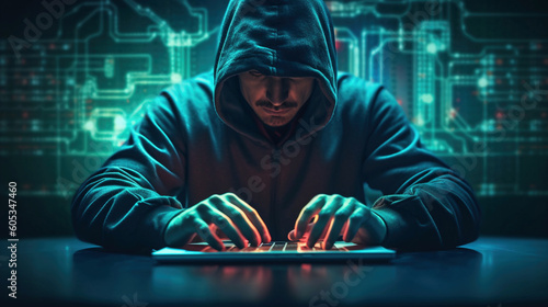 Cyber security concept. Young man in hood sitting in lotus pose and using laptop on dark background.