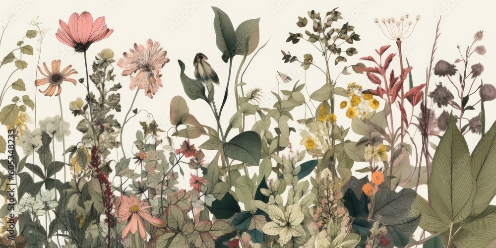 Artful illustration of diversity of plants and flowers, colorful meadow, Generative AI Artful illustration of diversity of plants and flowers, colorful meadow, Generative AI
