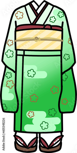 着物振袖コーデ　緑　顔なし