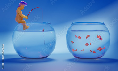 3D human character fishing at the wrong spot ignoring successful opportunity. Hopeless earning strategy. 3D illustration