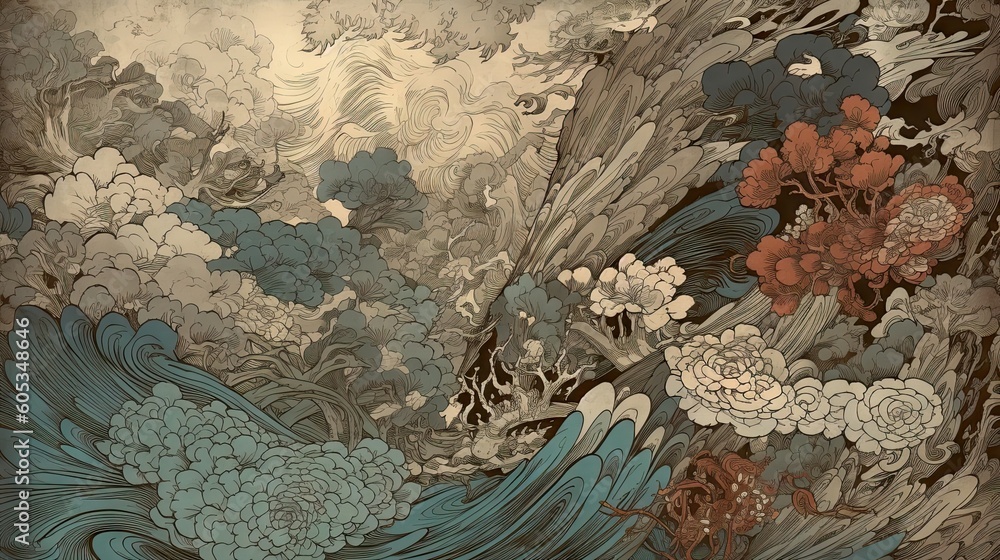 Traditional Japanese Ukiyo-e landscape painting with raging, detailed landscapes, dynamic movement design Abstract, Elegant, and Modern AI-generated illustration