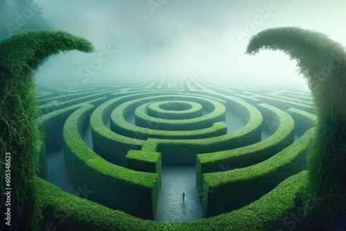 Tiny man walking in green fantasy maze with foggy horizon. Generative AI