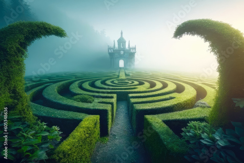 Footpath in green fantasy labyrinth with foggy horizon. Generative AI