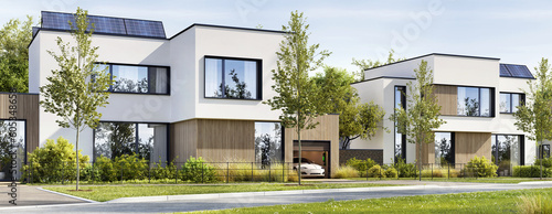 Street of new modern houses with solar panels and electric car