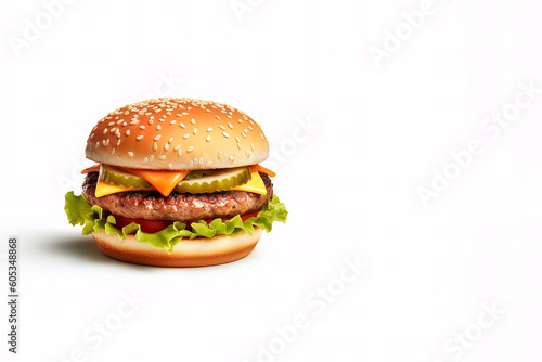 Delicious and tasty burger isolated on white background. fast food with copy space. Created with Generative AI Technology
