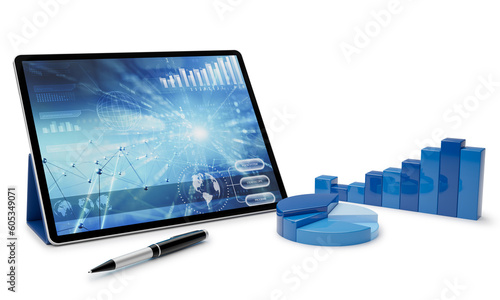 3D blue graphs and financial infographics on tablet computer screen. 3D rendering. Business analysis or financial planning concept.