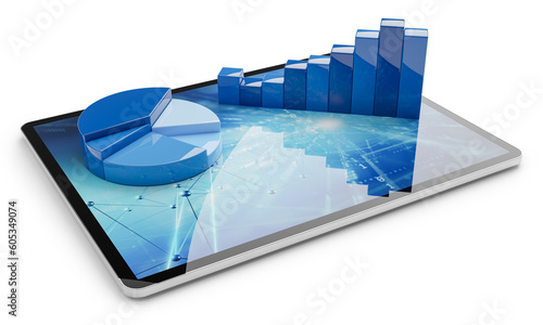 Business bar graph and pie chart on tablet pc isolated on white background. 3d rendering. Stock trading or financial analysis concept.