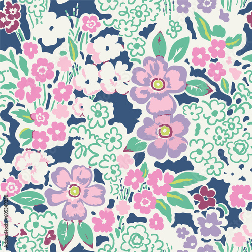 Stylish, delicate, romantic, fashionable pattern with small elements of plants on a dark blue background. Seamless vector. A variety of pink and light flowers with green leaves.
