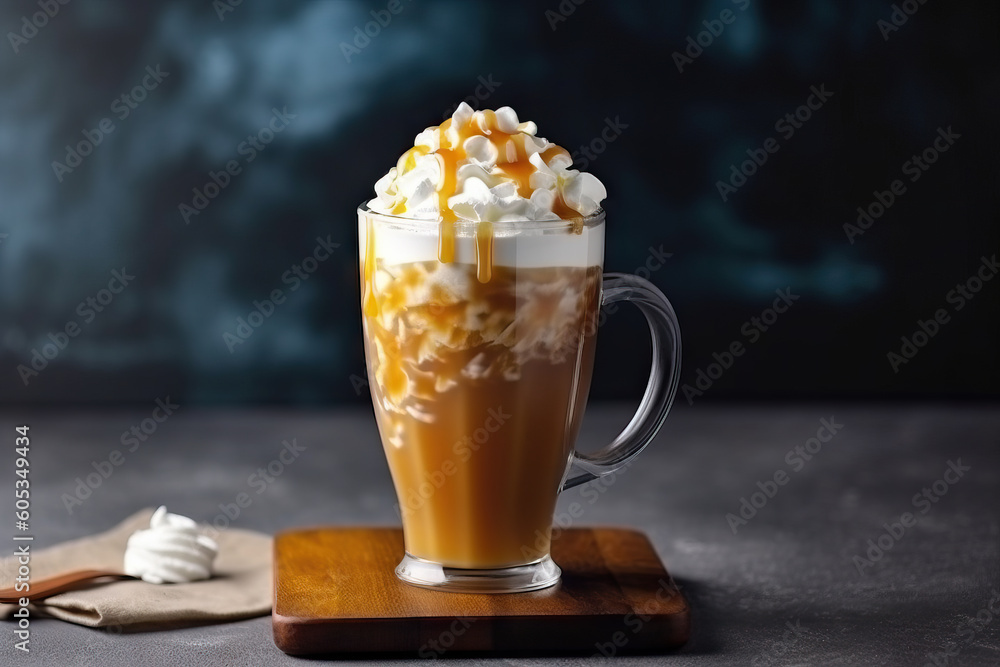 Iced caramel latte topped with whipped cream and caramel sauce, refreshing and sweet coffee drink. Dark background. Generative AI Iced caramel latte topped with whipped cream and caramel sauce, refreshing and sweet coffee drink. Dark background. Generative AI