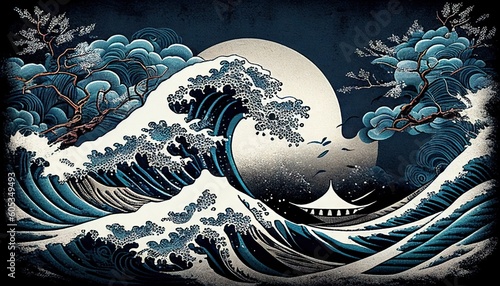 Traditional Japanese Ukiyo-e of white and blue night with stormy waves and distant mountains Stylishly put together dynamic design Abstract, Elegant and Modern AI-generated illustration