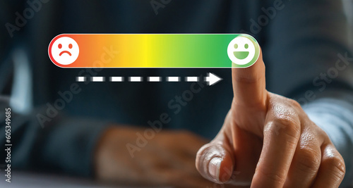 Human hand switch on give feedback icon satisfaction survey, five star, customer, satisfaction, review, feedback, top service excellent, Quality assurance 5 star, positive, customer service