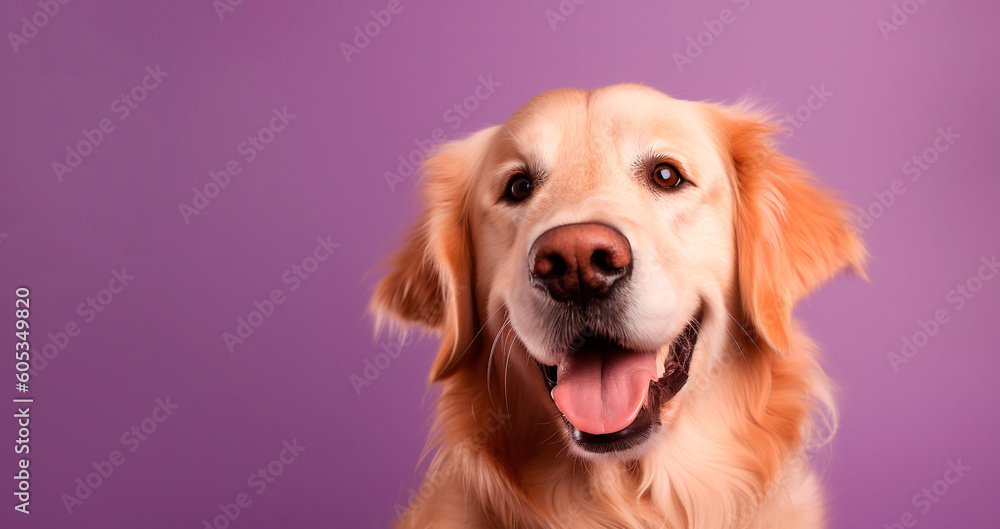 Cheerful Labrador puppy on a purple background, banner, portrait, copy space. Generative AI