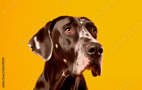 Great Dane Harlequin looks into the distance, isolated on a yellow background. Generative AI
