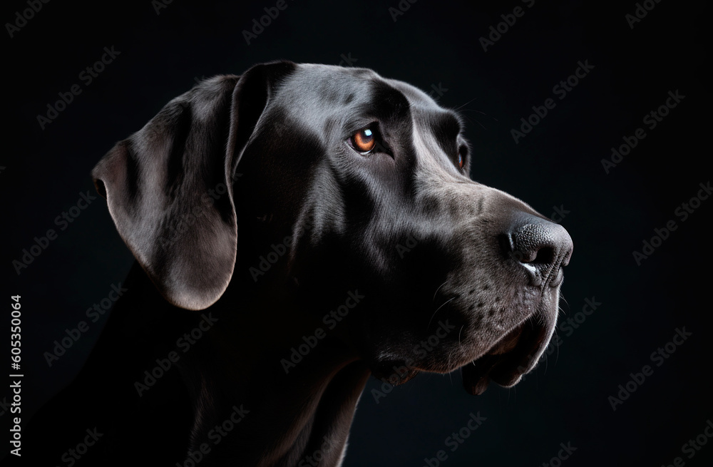 Black Great Dane looking into the distance, isolated on black background, low key. Generative AI