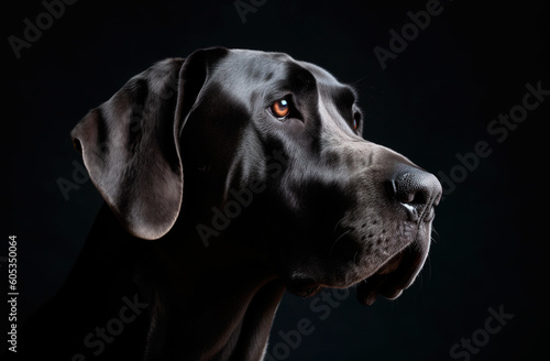 Black Great Dane looking into the distance, isolated on black background, low key. Generative AI