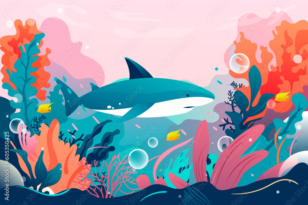 Obraz premium World Oceans Day, underwater world with ocean and fish in the background, vector illustration