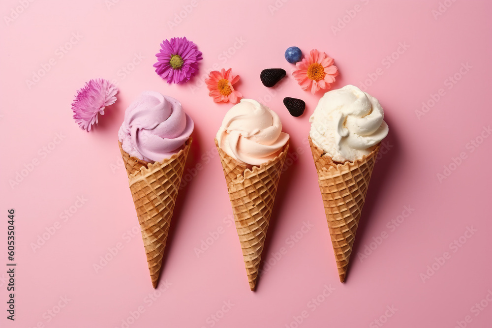 Vanilla frozen yogurt or soft ice cream in waffle cone flat lay on colored paper. Generative AI Vanilla frozen yogurt or soft ice cream in waffle cone flat lay on colored paper. Generative AI