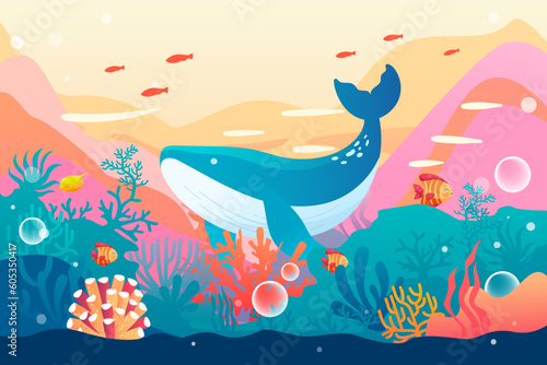 World Oceans Day, underwater world with ocean and fish in the background, vector illustration