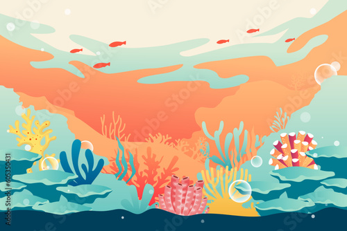 World Oceans Day  underwater world with ocean and fish in the background  vector illustration