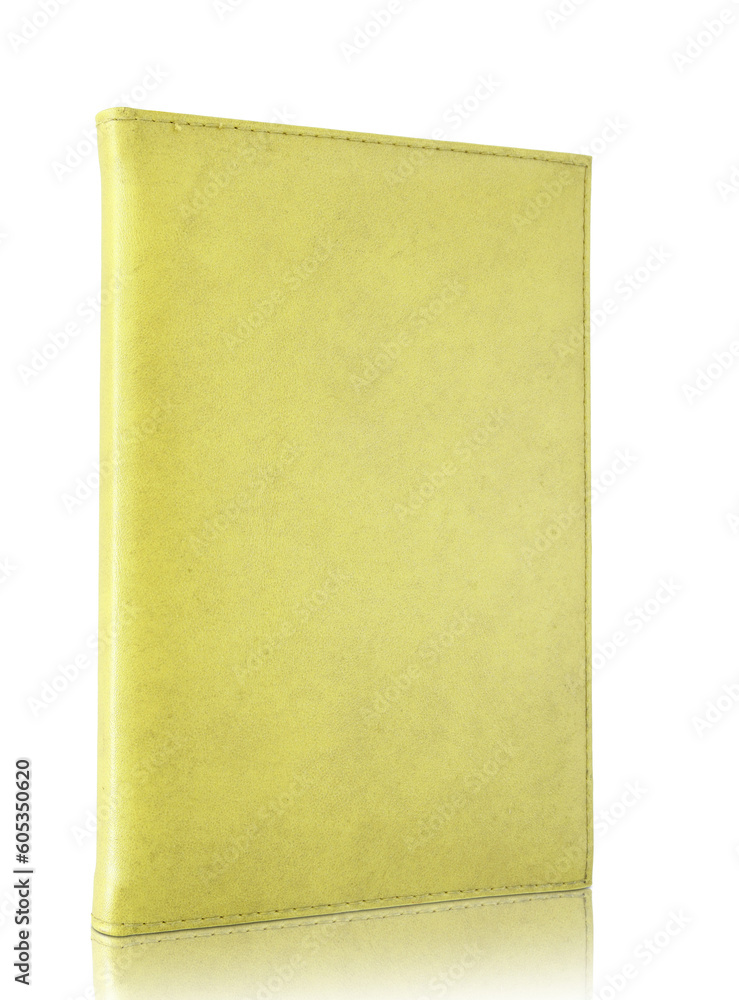 Fototapeta premium Yellow empty leather book isolated with reflect floor for mockup