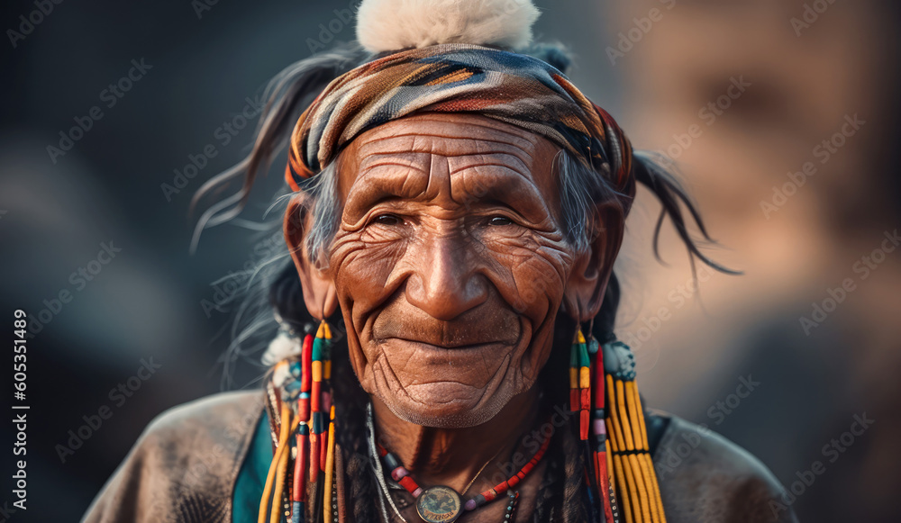 Portrait of a Native American Indian Tribal elder by generative AI