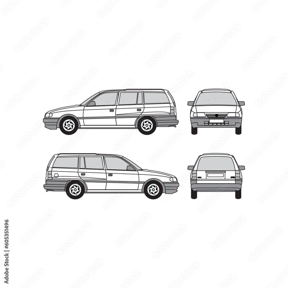 mini car outline, year 2000, isolated background, front, back, top and side view, part 3